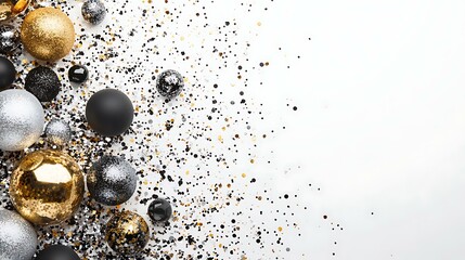 Wall Mural - Luxurious corner border of black, silver, and gold New Year decor with festive confetti on white