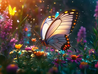 Aufkleber - Majestic Monarch Butterfly Resting Among Colorful Flowers in a Dreamy Garden Filled with Bright Colors and Soft Lights, Capturing a Serene Moment in Nature