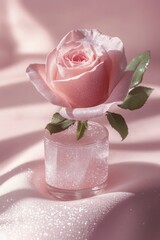 Poster - Stunning close up of sparkling pink rose surrounded by shimmering droplets in soft light