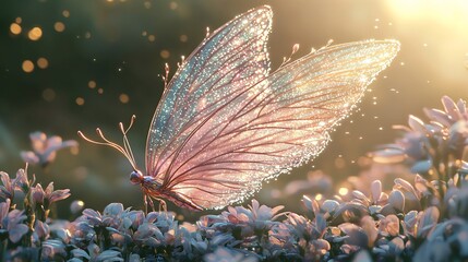 Canvas Print - Magical iridescent butterfly on flowers at sunrise.