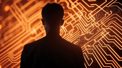 Poster - Silhouette of a Person Against a Futuristic Circuit Board Background with Orange Glow