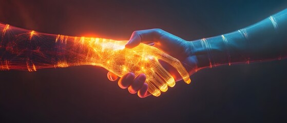 Poster - Digital Connection Between Human and Robot Hands Representing Technology, Innovation, Cooperation, and the Future of Human-Machine Interaction in a Vibrant Visual