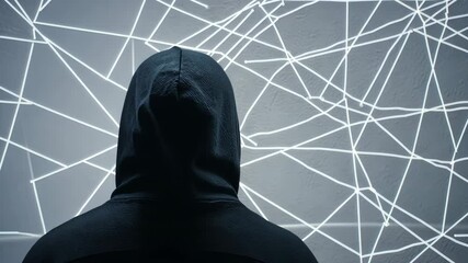 Poster - Mysterious Figure in Hoodie Against Wall with Digital Network Lines