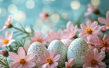 Poster - Spring celebration with speckled eggs surrounded by blooming flowers in a bright setting