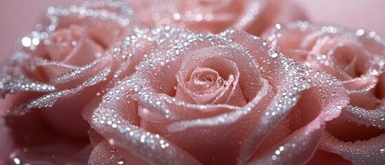 Poster - Beautiful pink roses with sparkling dew drops in soft light setting