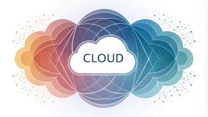 Poster - Visualizing cloud computing with a central white cloud symbol surrounded by overlapping spheres in warm and cool gradient colors, interconnected by lines and dots