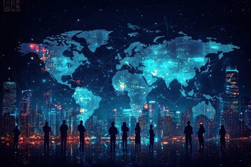 Poster - Global network connections concept with digital world map overlay