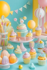 Wall Mural - Delightful pastel dessert display featuring a rainbow cake and colorful cupcakes