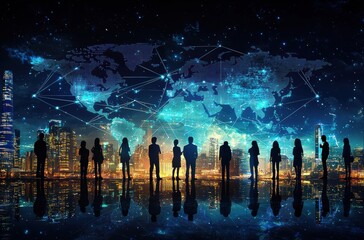 Poster - Silhouettes against global connections world map at night