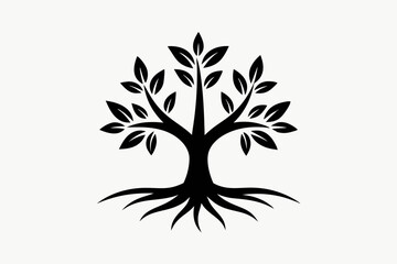 Logo of a green tree with roots and leaves. Vector illustration icon isolated on white background.