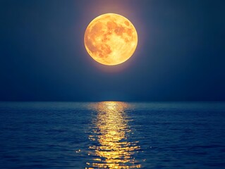 Aufkleber - Majestic Full Moon Illuminating Calm Ocean Waters on a Serene Night Sky with Glimmering Reflections Creating a Tranquil Atmosphere