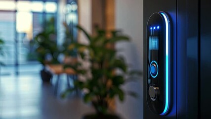 Aufkleber - This Modern smart entry system illuminates with blue lights in a stylish home interior with greenery.