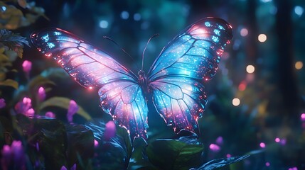Aufkleber - Enchanting Luminescent Butterfly Illuminates a Magical Forest with Vibrant Colors and Sparkling Effects Surrounded by Magical Flora and Ethereal Atmosphere