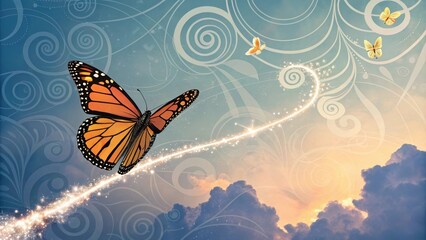 Poster - Monarch butterfly flies on a magic trail towards other butterflies in a beautiful sky with clouds and decorative swirls, creating a dreamy and surreal atmosphere