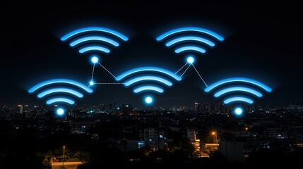 Poster - Vibrant skyline of a city at night illuminated by network connections representing global communication and technology integration