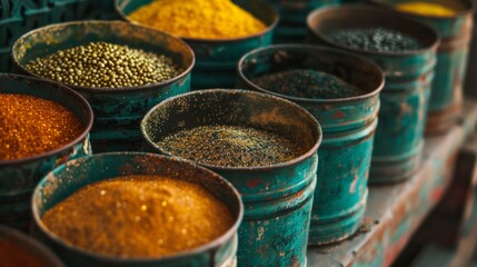 Wall Mural - Assorted colorful spices displayed in rustic bowls