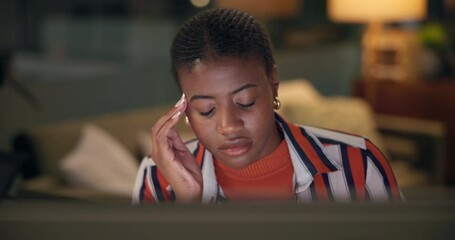 Aufkleber - Black woman, headache and night with stress for pressure, strain or overworked at home. Frustrated, female person or employee in remote work with migraine for mistake, deadline or burnout at house