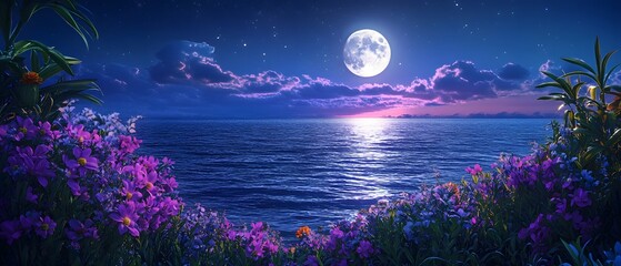 Poster - A Tranquil Night by the Ocean with Blooming Flowers and a Bright Full Moon Illuminating the Serene Waters Under a Starry Sky