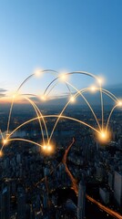 Poster - Vibrant skyline of a city at night illuminated by network connections representing global communication and technology integration