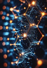 Poster - abstract blue background with glowing hexagons and network connections