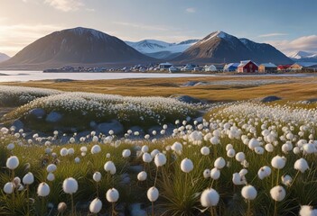 panoramic view of cotton grass in the arctic tundra with buildings and hills in longyearbyen spitsbe