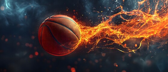 Poster - Dynamic Basketball in Motion with Fiery Flames and Glowing Effects Creating a Powerful Energy Display Against a Dark Background