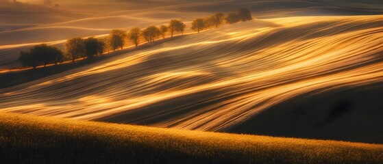 Aufkleber - Serene Golden Sunrise Over Rolling Hills with Gentle Curves and Row of Trees Creating a Dreamy Landscape in Soft Morning Light