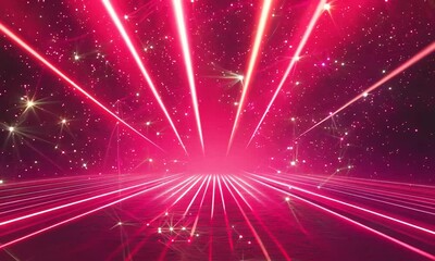 Wall Mural - Pink and white neon laser beams converge on a reflective surface with a pink background.