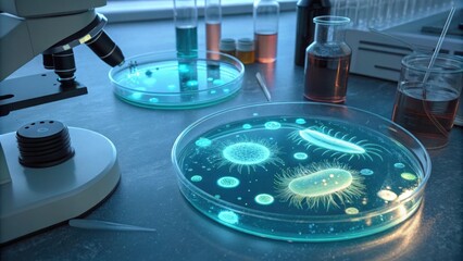Poster - Analyzing petri dishes with growing bacteria and viruses under a microscope in a modern laboratory highlights the significance of research in microbiology and disease control