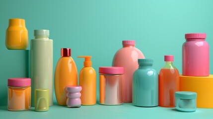 Sticker - Assorted colorful bottles and containers on a pastel background