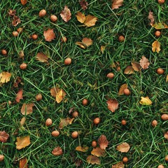 Canvas Print - Top view photo of grass with scattered acorns and leaves, seamless texture