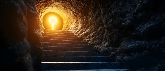 Aufkleber - Illuminated Keyhole at the End of Stone Steps in a Mysterious Cave with Soft Light Creating a Dramatic Atmosphere of Exploration and Discovery