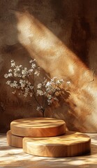 Poster - Elegant product photography with wooden platforms and delicate flowers