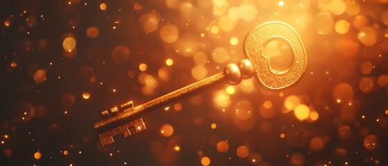 Aufkleber - Golden Key Glimmering in a Mystical Environment with Glittering Bokeh Background, Symbolizing Opportunity and Unlocking Potential in a Magical Atmosphere