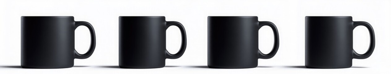 Poster - Set of black mug mockups with handles, on a white background, featuring top, side, front, and front-angle views, as well as a 3D render