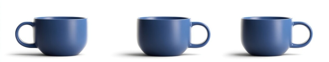 Poster - Set of blue mug mockups with handles, front view and side view, isolated on a white background, 3D rendering