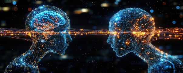 Futuristic connection between two digital brains in cyberspace