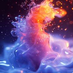 Aufkleber - Wavy illustration of flowing thick liquid with smooth transitions of blue and orange colors. Floating drops accentuate abstract shapes