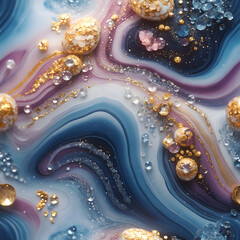 Aufkleber - Soft lines of pink, blue and lilac marble flow around shimmering gold spheres set with gemstones. The objects are chaotically arranged, but create an effect of harmonious disorder