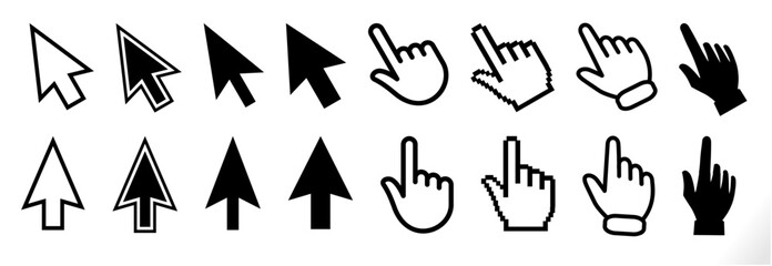mouse cursor icon set (solid black fill). mouse pointers for click, web, link, press etc concept.