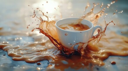 Aufkleber - The white coffee cup is tilted, and the brown liquid flows out, splashing on an isolated background