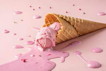 Wall Mural - A spilled pink ice cream cone on a pink background, creating a playful and messy dessert scene.