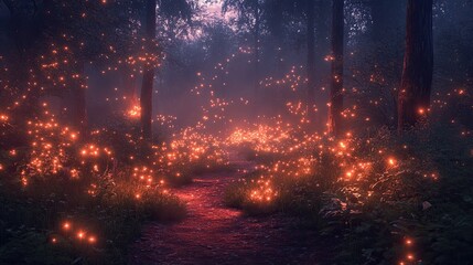 Wall Mural - A magical firefly-lit forest at twilight. 