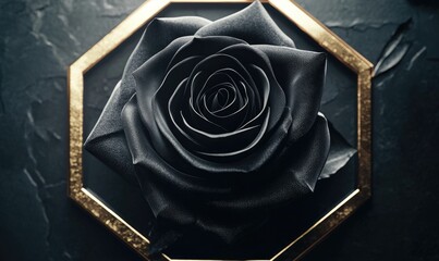 Wall Mural - A black rose is in the center of a gold frame