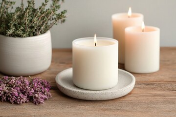 Poster - Burning aromatic candles creating relaxing atmosphere on rustic table