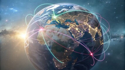 Poster - colorful lines are connecting different continents on planet earth, rotating in space and showing da