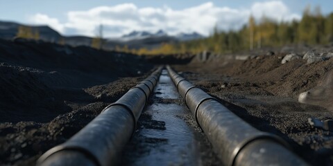 Close-up of metal pipelines extending across a barren landscape representing infrastructure development.