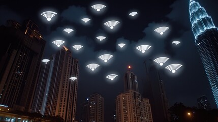 Poster - Kuala Lumpur's vibrant skyline features fast internet connections, symbolized by glowing icons against a wildlife wallpaper backdrop at night