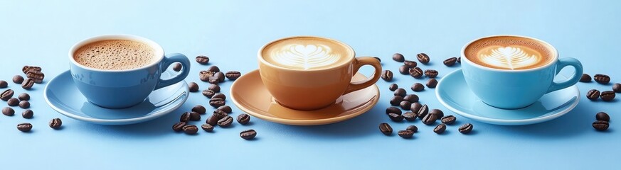 Aufkleber - 3 coffee cups and saucers with different types of coffee, blue background, in the middle is one cup filled to the brim with creamy milk foam, surrounded by many coffee beans,