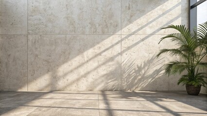 Poster - Minimalist and modern empty room featuring a large travertine wall, an indoor plant, and sunlight streaming through a window, creating beautiful shadows on the wall and floor